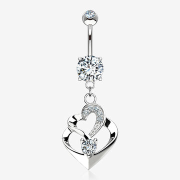 14 Karat White Gold Luscious Heart Twirl Sparkle Belly Button Ring-Clear Gem